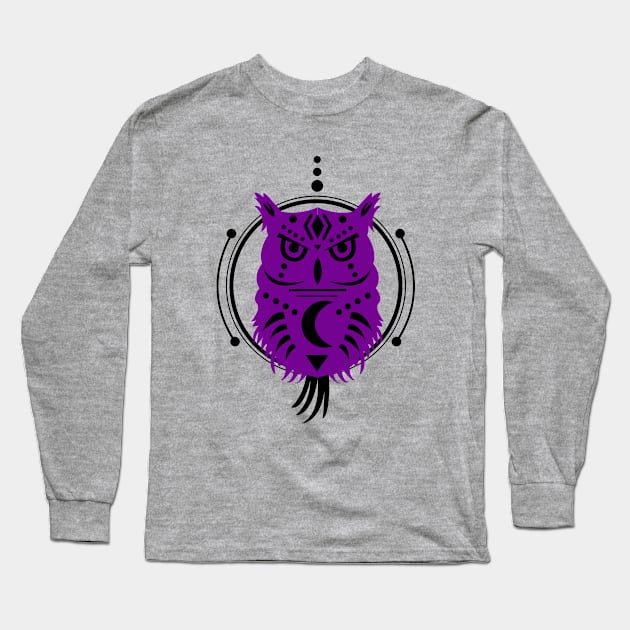 Owl Geometrical Tribal Purple Long Sleeve T-Shirt by Cosmic Dust Art